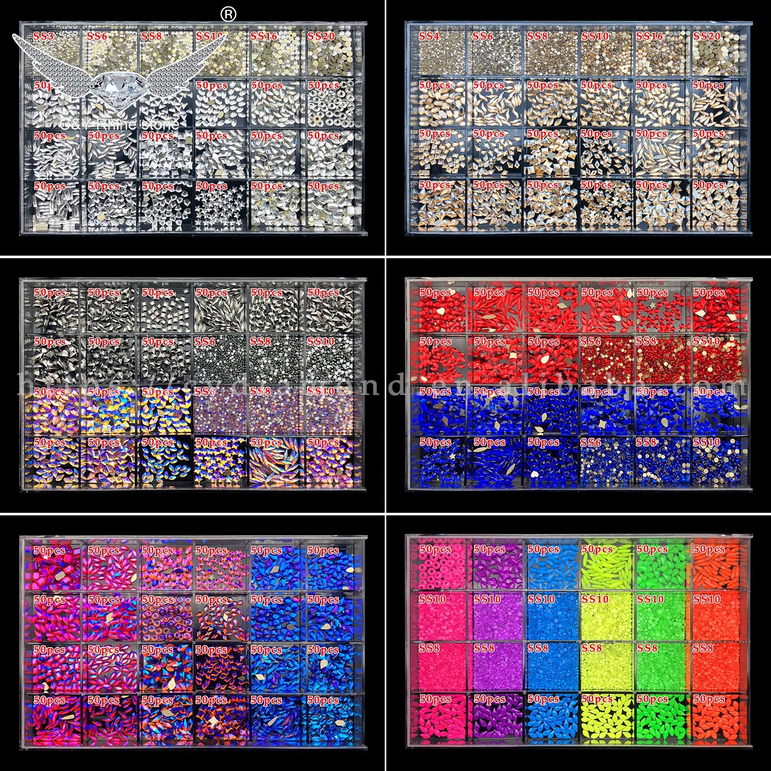 CY Customization Multi Color Shape Best Selling Glass Nail Stones Crystal Size 24 Grid Rhinestone