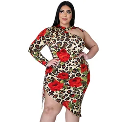 One-shoulder Sexy Leopard Printed Dashiki African Dresses For Women Party Half Sleeve Plus Size Clothing