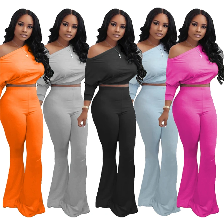 
2020 Sexy Ladies 2 Pcs Outfits Batwing Sleeve Tops Flare Pants Cozy Solid Fall Clothing Plus Size Two Piece Women Sets 