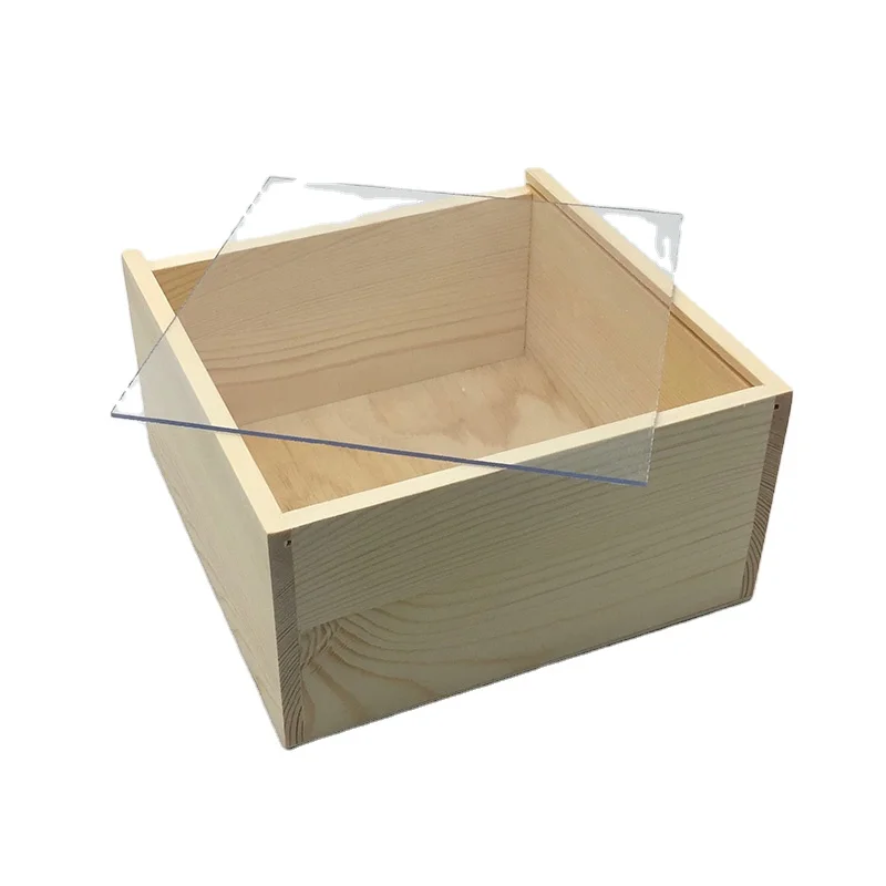 Plain empty natural pine solid wood box with transparent lid wooden gift box