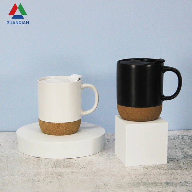coffee Cup Cork Bottom PP Lid 12OZ White Ceramic Coffee Mugs Manufacturer With Logo Supplier Custom Customizable Wholesale