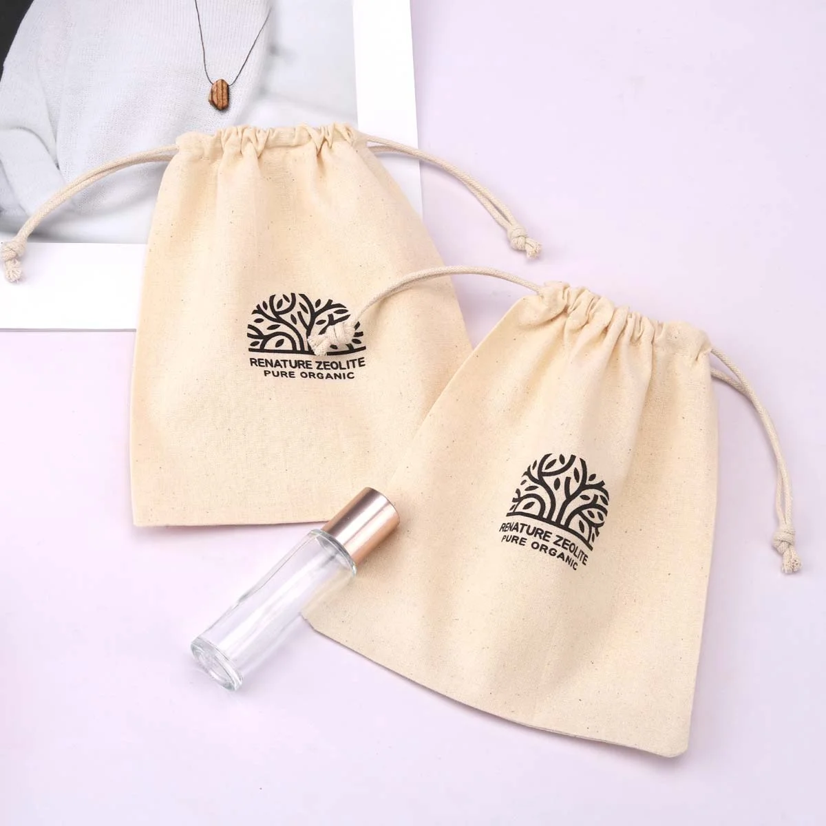 Custom Logo Printed Organic Cotton Gift Hangover Kit Dust Packing Drawstring Bag Natural Soild Msulin Storage Shoe Poouch