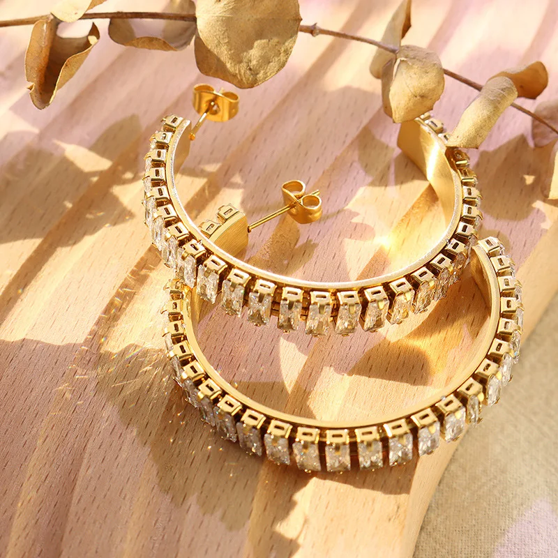 MICCI Wholesale Custom Stainless Steel Jewelry Big White Iced Out Crystal Cubic Zircon Tennis Baguette Stud Open Hoop Earrings