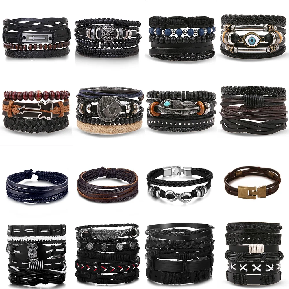 Wholesale Tribal Wood Beads Ethnic Adjustable Woven Cuff Wrap Braided Real Leather Bracelets for Men