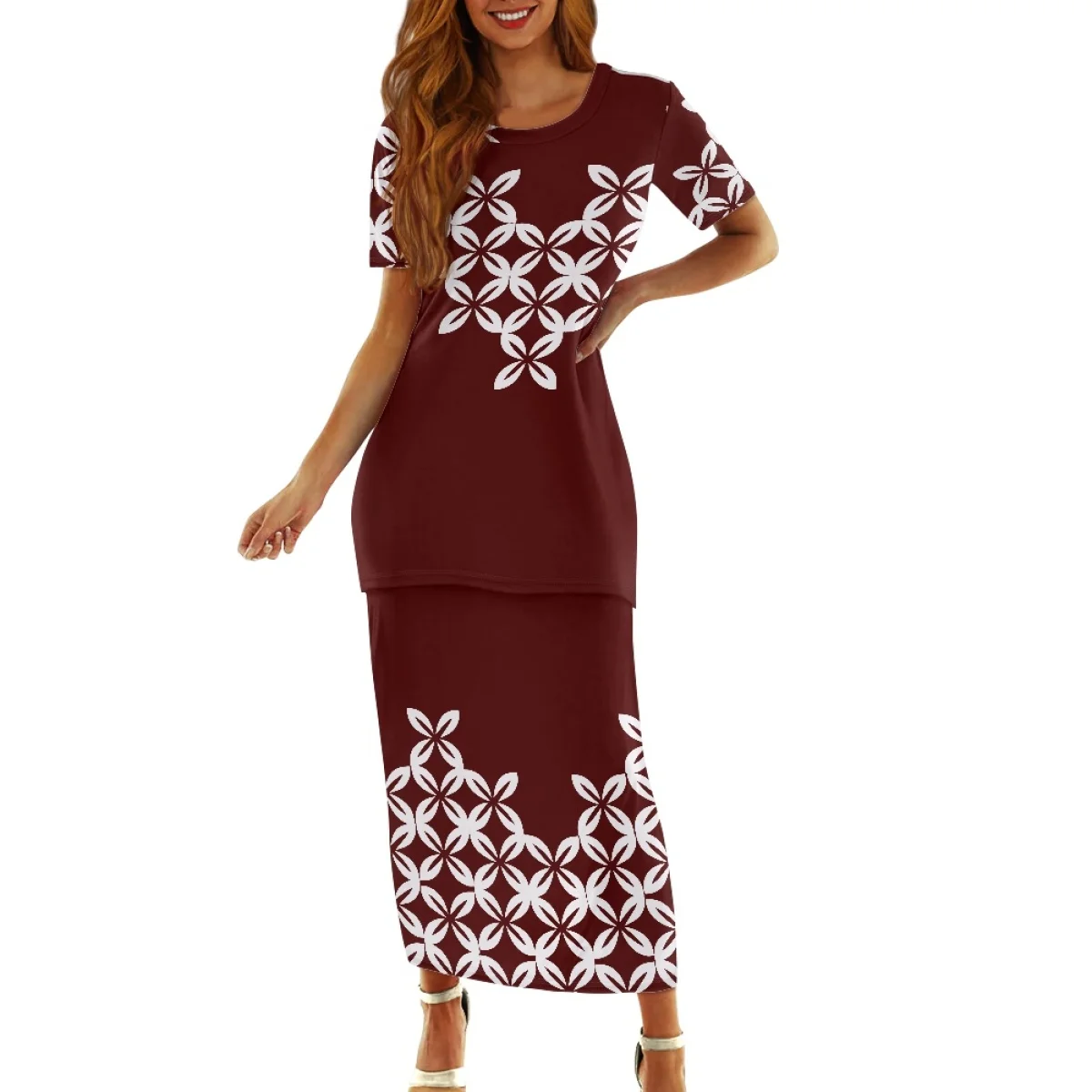 Ladies Island Style Puletasi  Samoa Plus Size Print Maxi Dress Women Custom Polynesian Pattern Two Piece Skirt Set