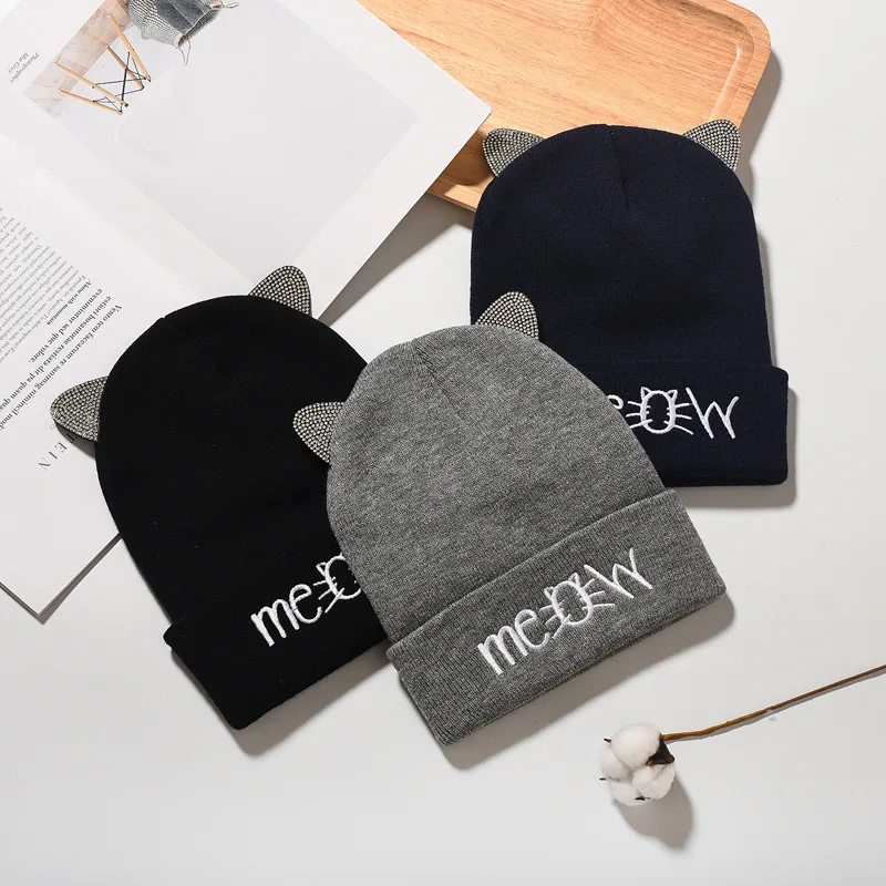Cat Ears Embroidery Beanie Warm Animal Shape Letters Embroidered Winter Pattern Skull Cap for Running Sports Travelling