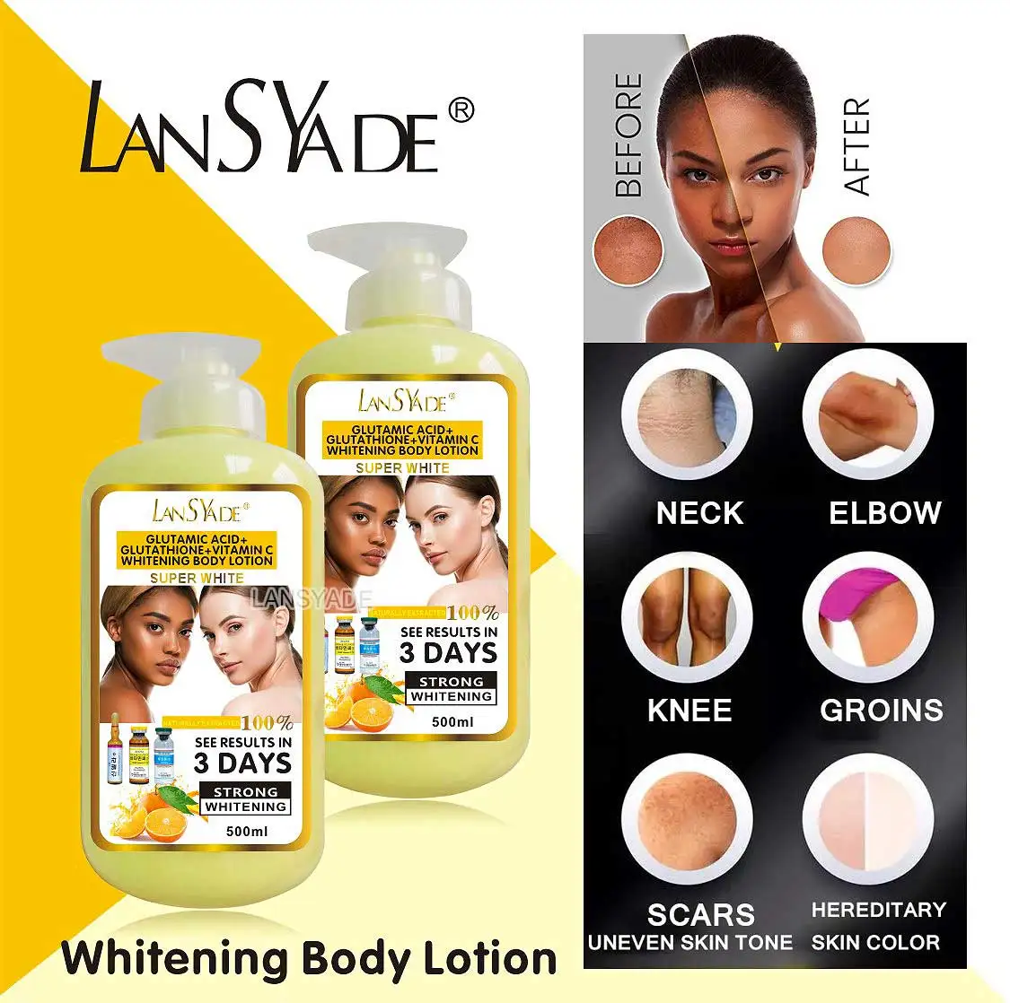 Wholesale OEM Gluta Acid Nourish Skin Lotion Vitamin C Brightening 3 Days Strong Bleaching Darkspot Body Whitening Lotion