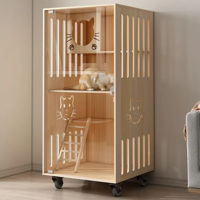 Household Animal Furniture Wooden Cat Cage House With Scratching 3 Layer Cat Villa Customized Cat House