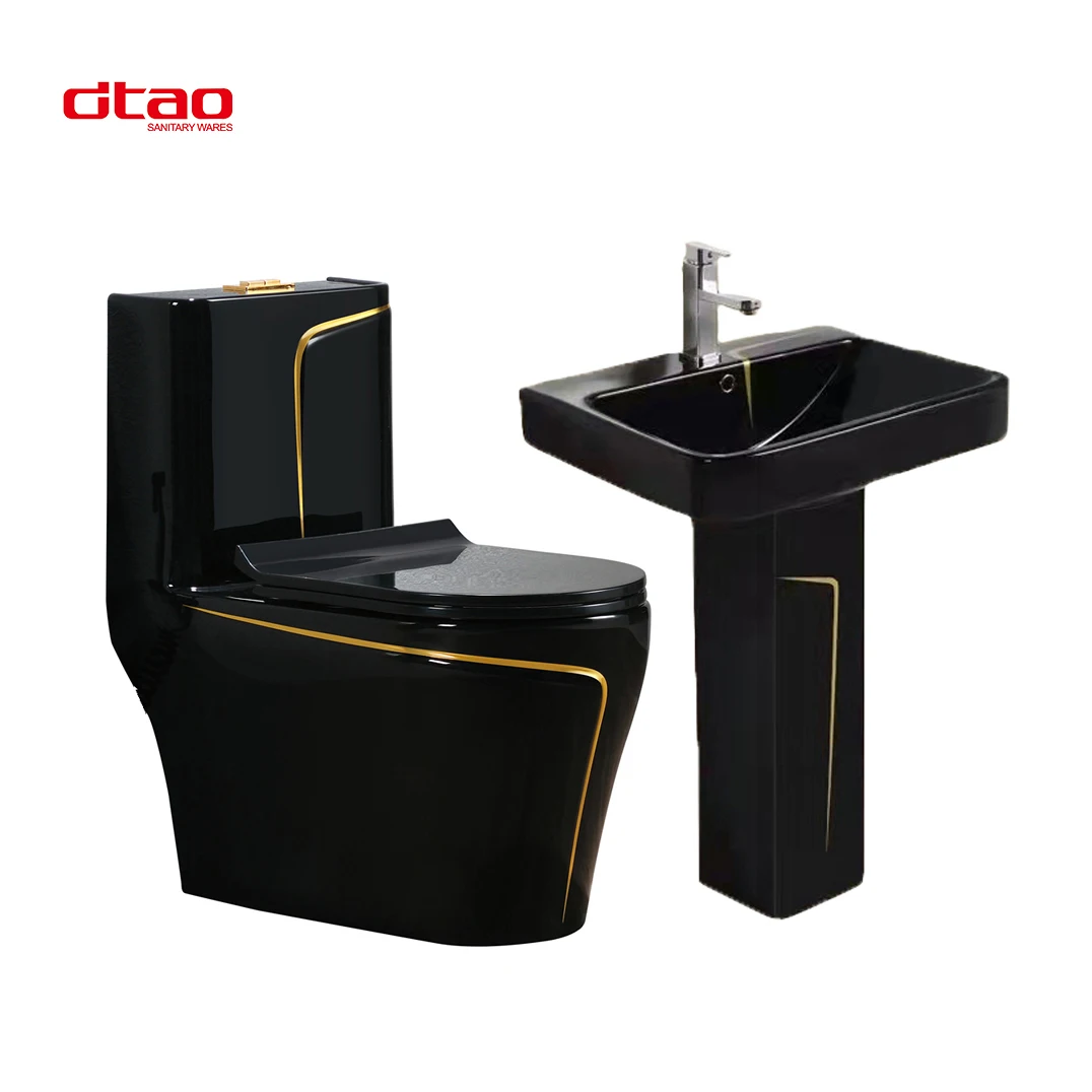 Colored ceramic sanitary ware bathroom sink and toilet black gold line pedestal basin ceramic one piece toilet set