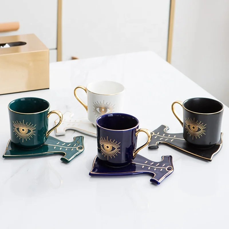 Gift set blue eyes   ethiopian turkish coffee cups and saucer set gold,reusable arabic ceramic coffee cups mug with handle