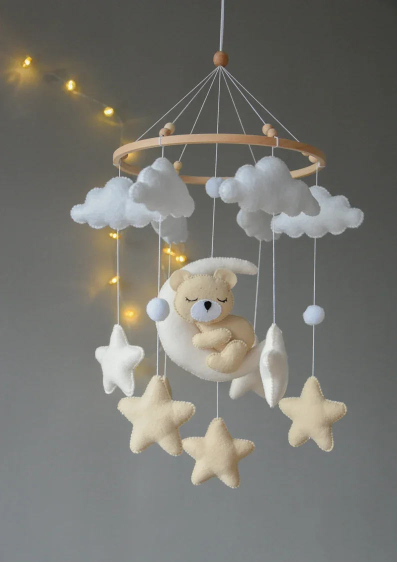 High quality custom made infant bed decoration soft toy nursery wall decor animal sleeping bear baby felt musical crib mobile