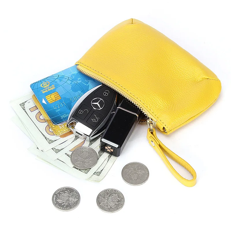 Custom Logo Full Grain Leather Coin Purse with Key Chain Small Cowhide Coins Change Wallet for Men Women