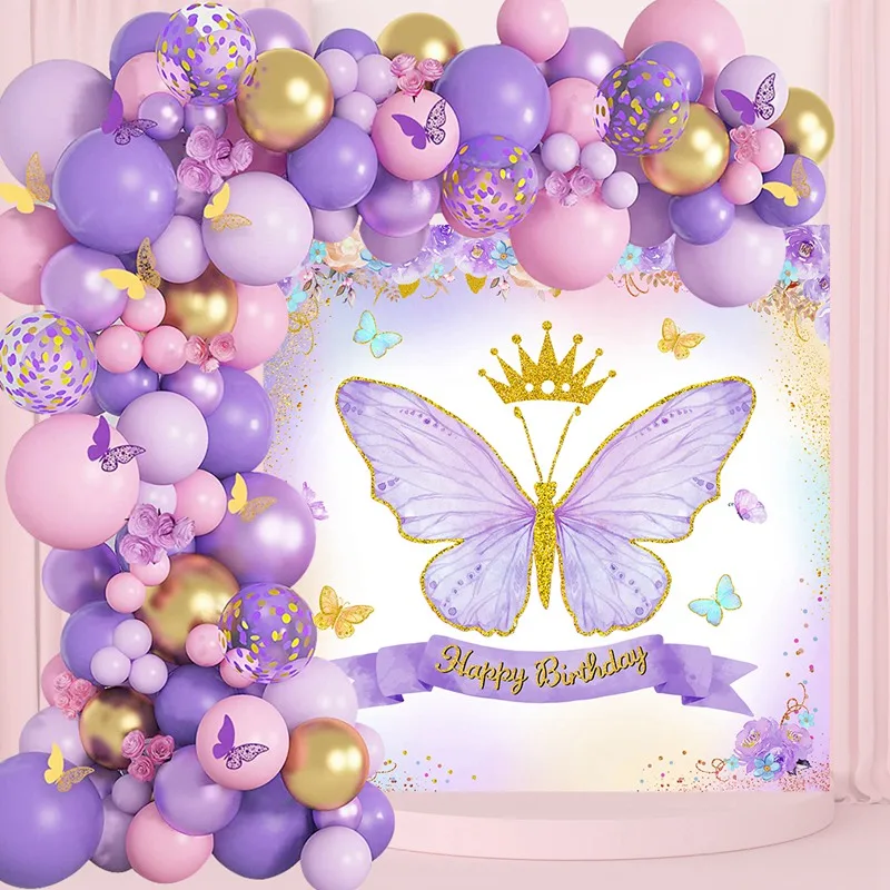 Butterfly Happy Birthday Party Balloon Garland Arch Kits with Vinyl Backdrops for Girls Happy Birthday Decoration Set