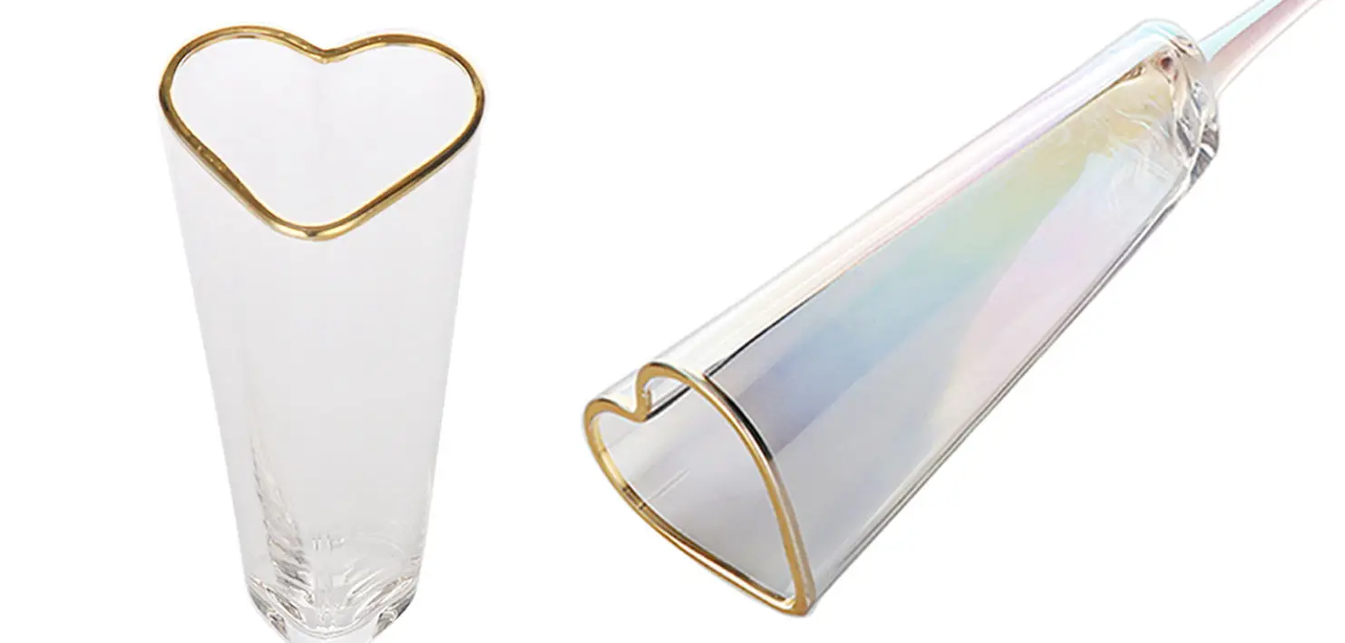 gold rim luster heart shape champagne flute glasses