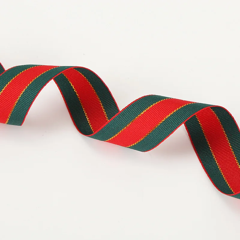 Factory Direct New Year & Christmas 100% Polyester Satin Ribbon Red & Green Stripes with Flowers for Personalised Gifts
