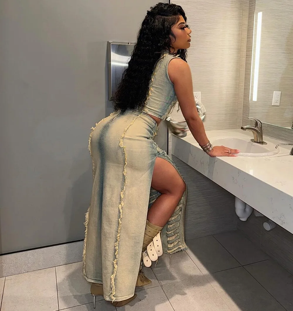 Casual summer two pieces ripped denim skirt set with sleeveless denim tank top and high slit long denim skirt