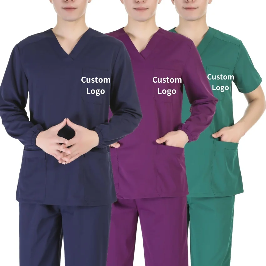 printed design logo light blue doctor hospital nursing scrubs soft women short sleeves suit uniforms sets medical scrubs for men