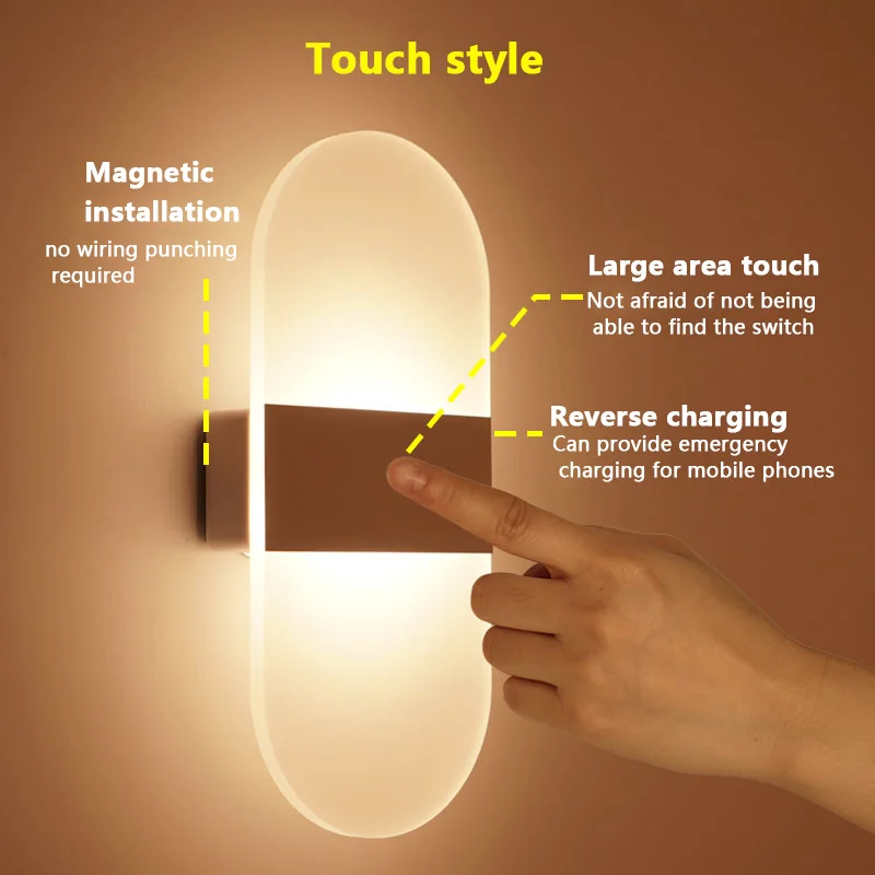 Modern LED Bedside Magnetic Wall Lamp Body Sensor Touch USB Rechargeable Bedroom Wall Lights For Home Indoor