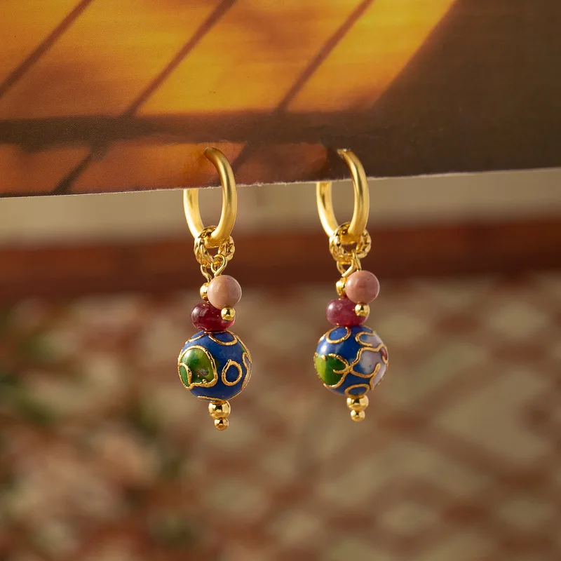 High Quality Chinese Ethnic Design Enamel Jewelry Set Gold Plated Brass Gemstone Beaded Earrings Necklace for Wedding Gift Women
