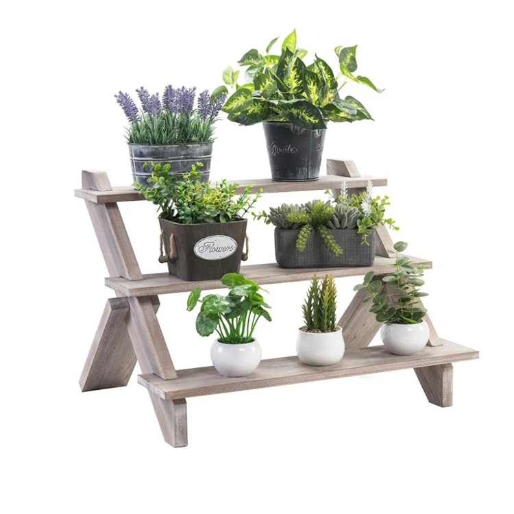 3-layer solid wood staircase plant display stand torch white storage flower shelf