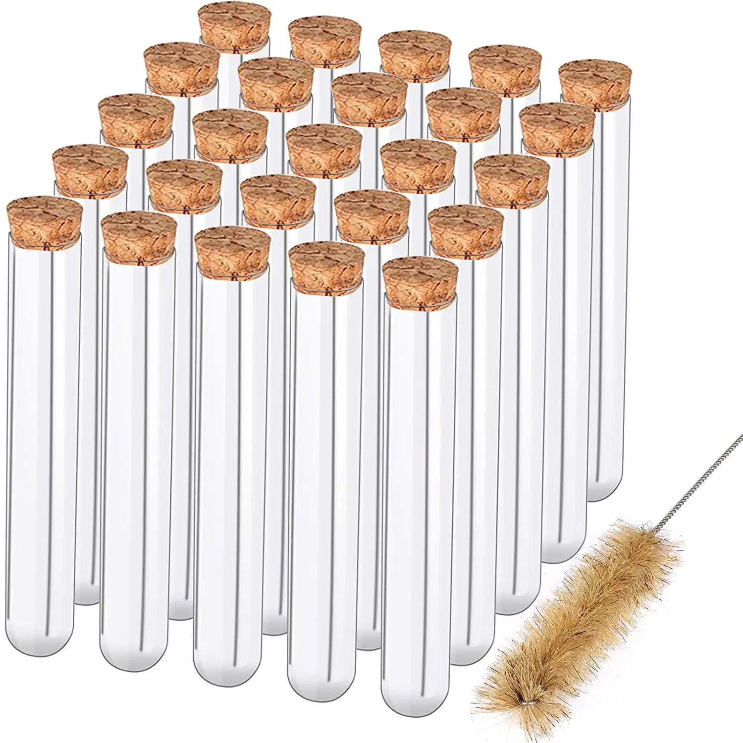 Clear Plastic Test Tubes with Cork Stoppers and 1 Brush, 25x160mm 50ml, Good Seal