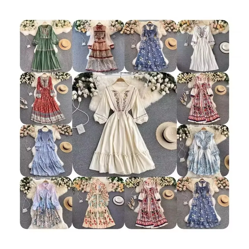 2024 summer ladies Longsleeve Long Dress plus size Womens office Positioning Print Swing Skirt Bohemian Retro Casual Dresses