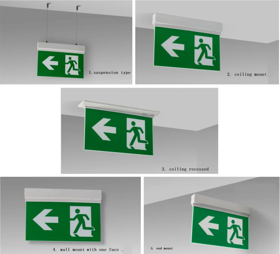 Double-Sided LED Emergency Fire Exit Sign with Wire Suspension Kit for ceiling mounting.