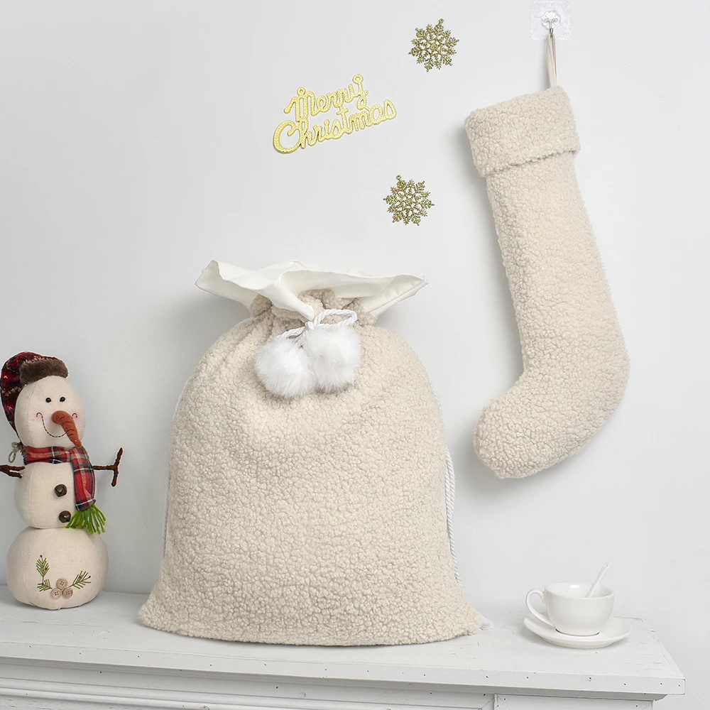 High Quality Blank Santa Sack with Matching Stocking Personalized Boucle Christmas Santa Sack With Pom Pom