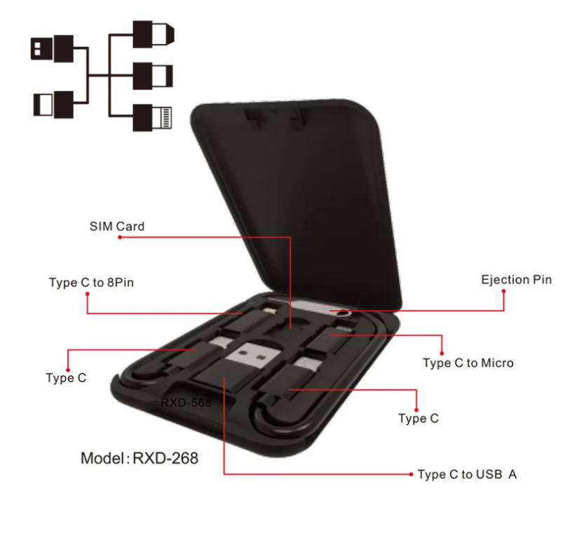 6 in 1 multi usb cable fast charger type box usb cable box for android mobile phones