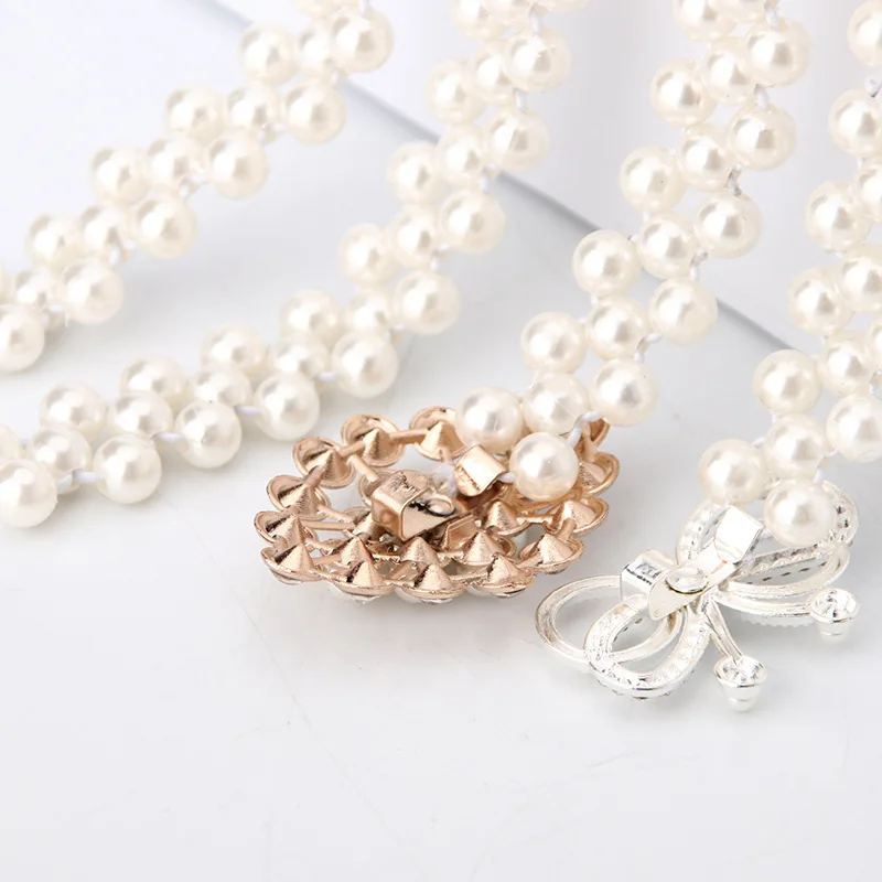 Wholesale Women Vintage Pearl Waist Chain Fashion Rhinestone Pearl Belt Elastic Beaded Belt for Women Dress Accessories