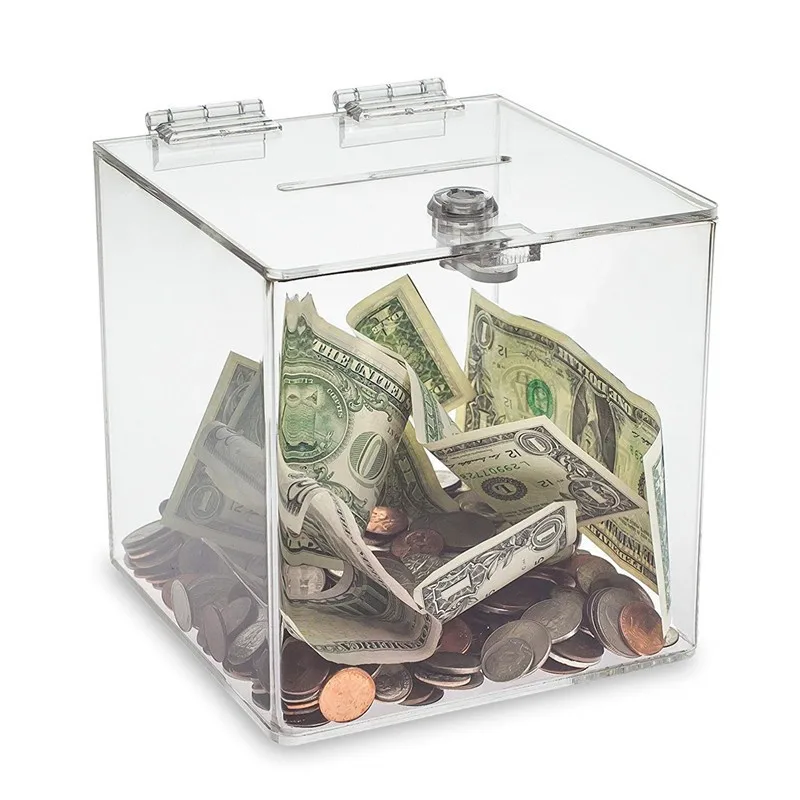 Big Square Popular Children Gift Cash Container Clear Acrylic Money Stuffing Donation Lock Box Acrylic Ballot Box