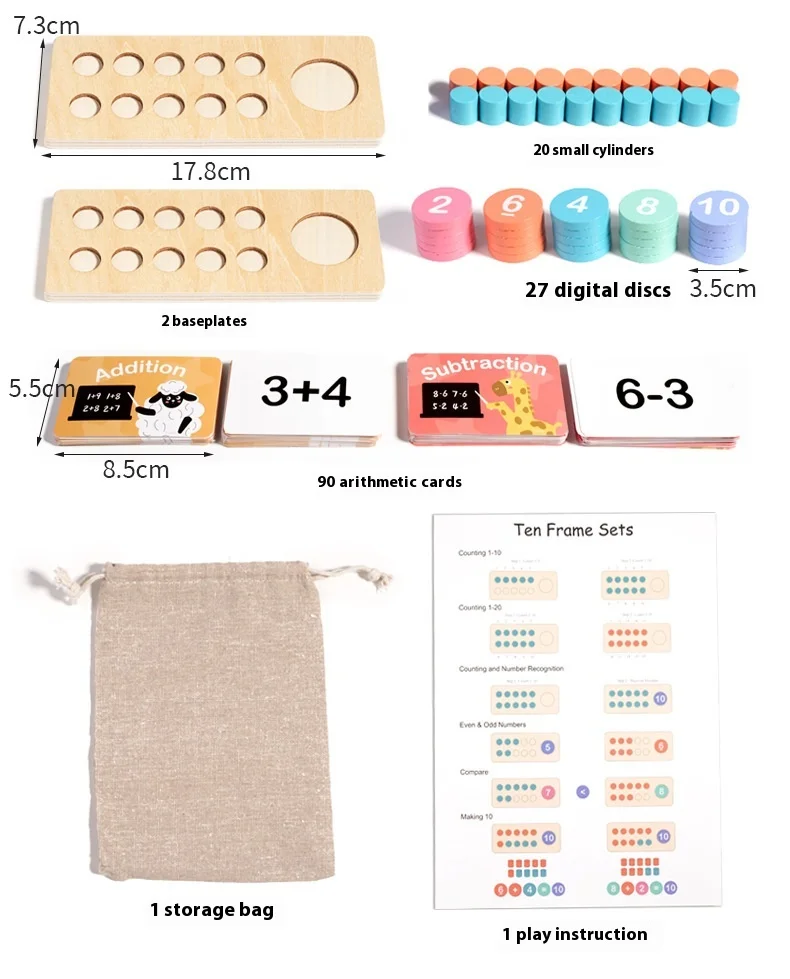 Wooden Ten-Frame Set Math Manipulatives, Addition and Subtraction Montessori Math Games for Children,Children Toys