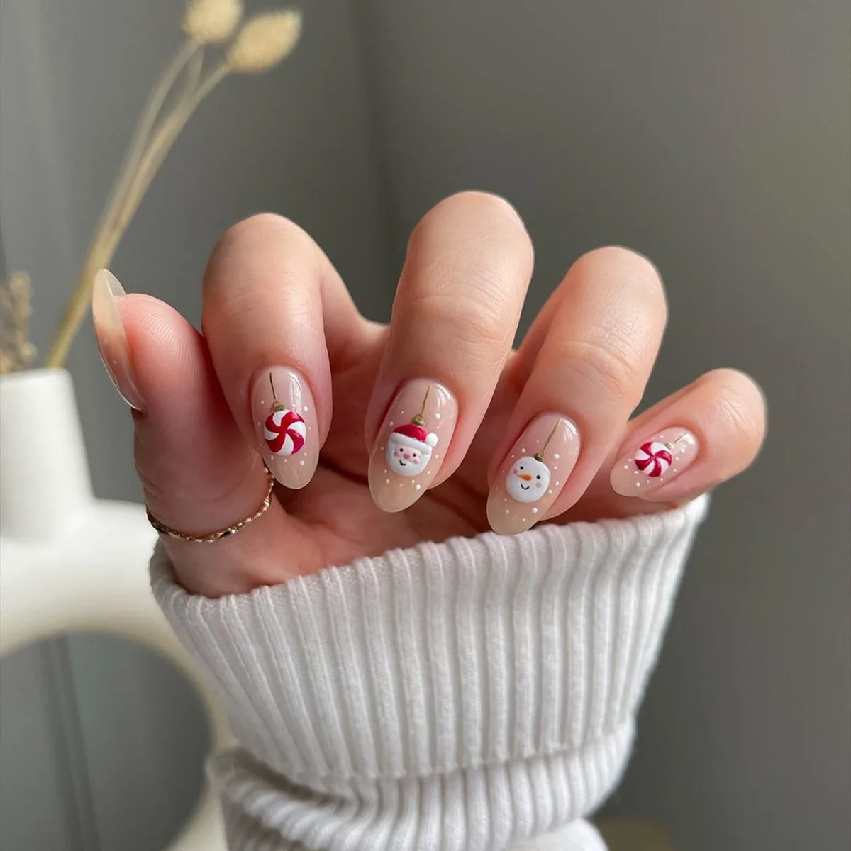 Freehand Painting Christmas 3D Santa Claus Quadrate Acrylic Fake Hand For Eyelash Nail Tips Set Short Red And White Aps 24 Pac