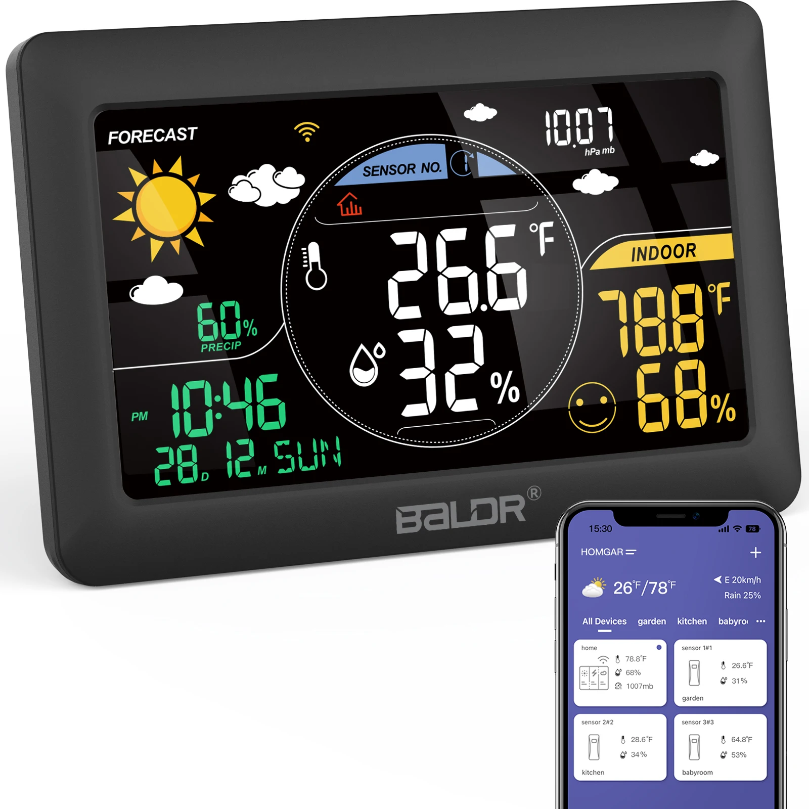 BALDR Wi-Fi Weather Station Hub Real Time Weather Forecast Paired with Sub- Devices Rain Forecast Prediction APP Controlled