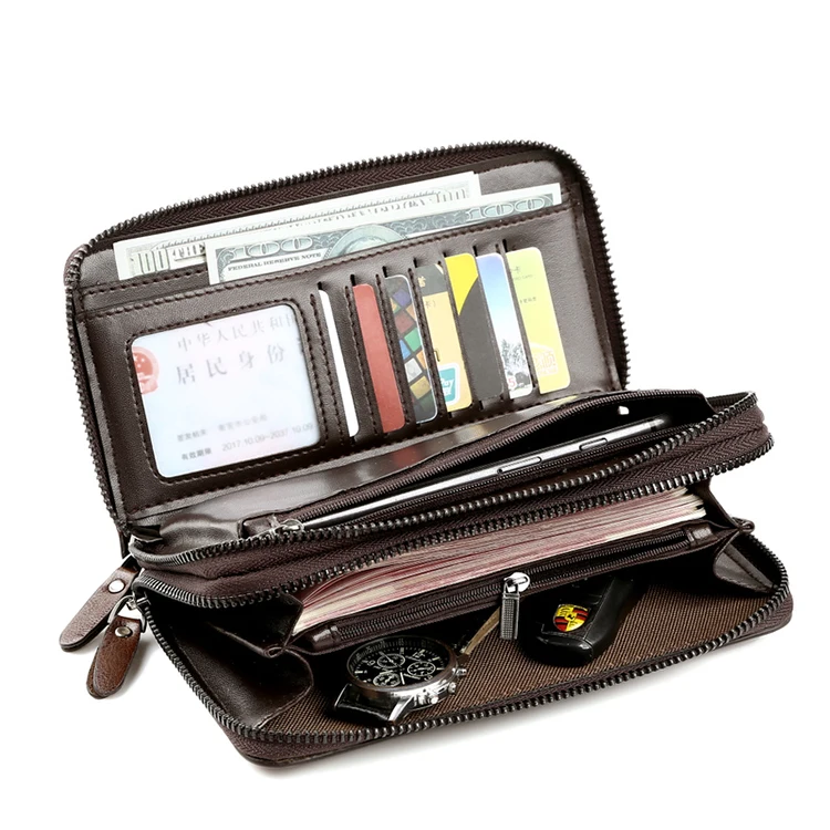 Factory custom long mens PU leather business clutch bag vintage double zipper handbag wallet for men