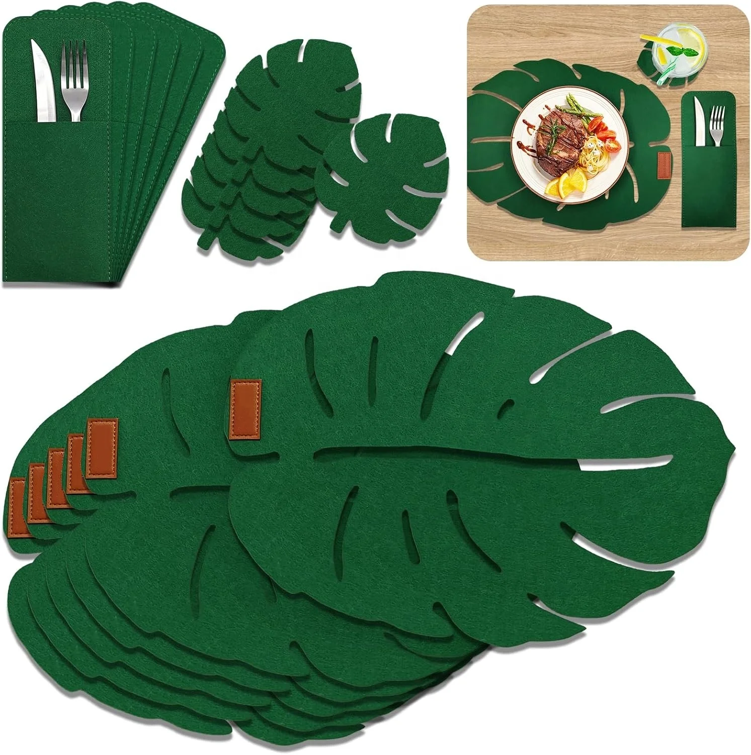 18 Pack Washable Laser Cut Felt Dining Table Mat Set Monstera Green Felt Christmas Placemats and Coasters with Cutlery Bags