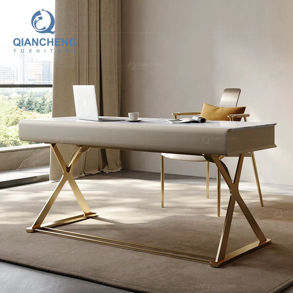 QIANCHENG luxury stainless steel modern custom gold two drawers artificial marble corner computer home office table desk