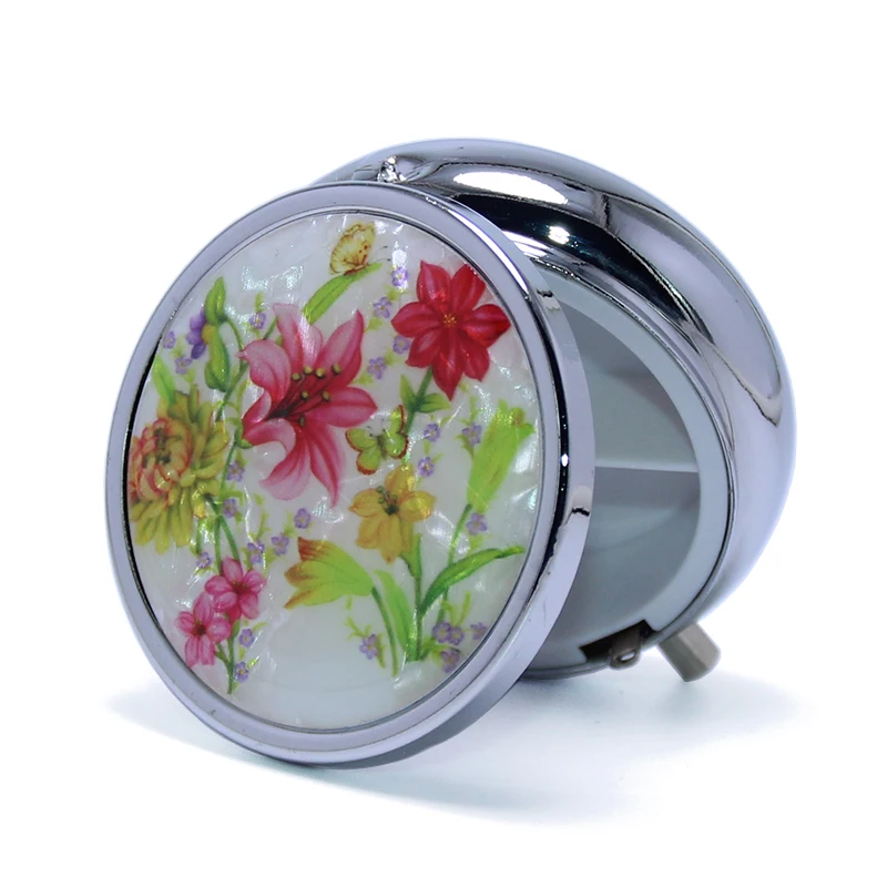 
50*19mm Fashion Lily Flowers Stainless Steel Storage Portable Medicine Organizer Container 3 Days Round Metal Pill Box 