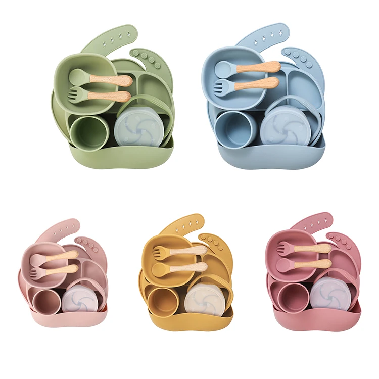 Wholesale Bpa Free Kids Feeder Baby Eco Divider Spoon Bowl Plate Silicone Dishes Cup Feeding Set With Box
