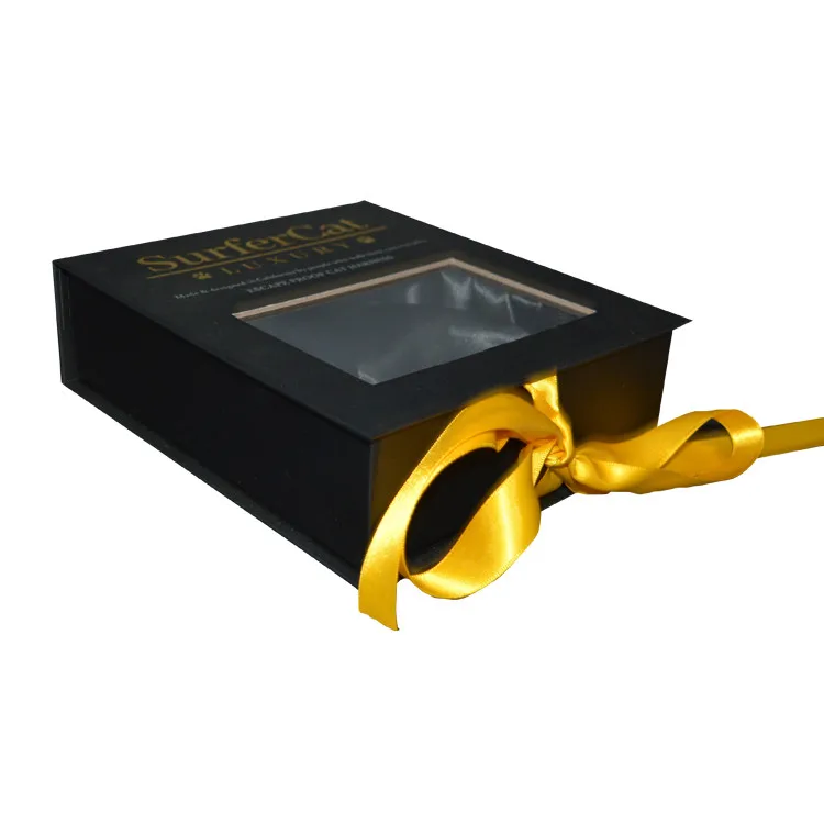 Pink Gold Hot Stamping Logo Rigid Paper Box with Clear PVC Window Ribbon Closure for Hair Extension Packing