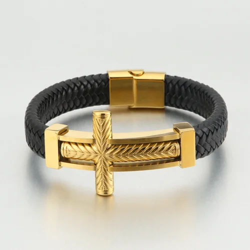 KALEN Religious Jewelry Pulseras Para Hombre Magnetic Buckle Bracelets Braided Cowhide Leather Jesus Cross Bracelet Bangle