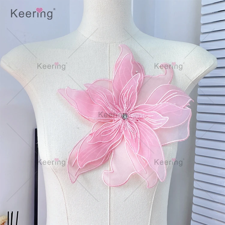 WBF-213 Keering Beaded Rhinestone 3D Flower Organza Multilayer Applique For Dress Costume Accessories