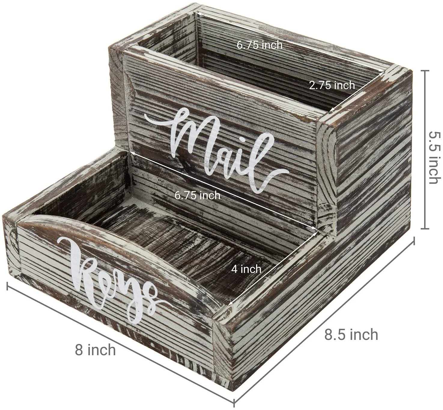 Rustic Torched Wood Tabletop Mail Organizer and Key Holder Storage Tray with Stylish Cursive Font