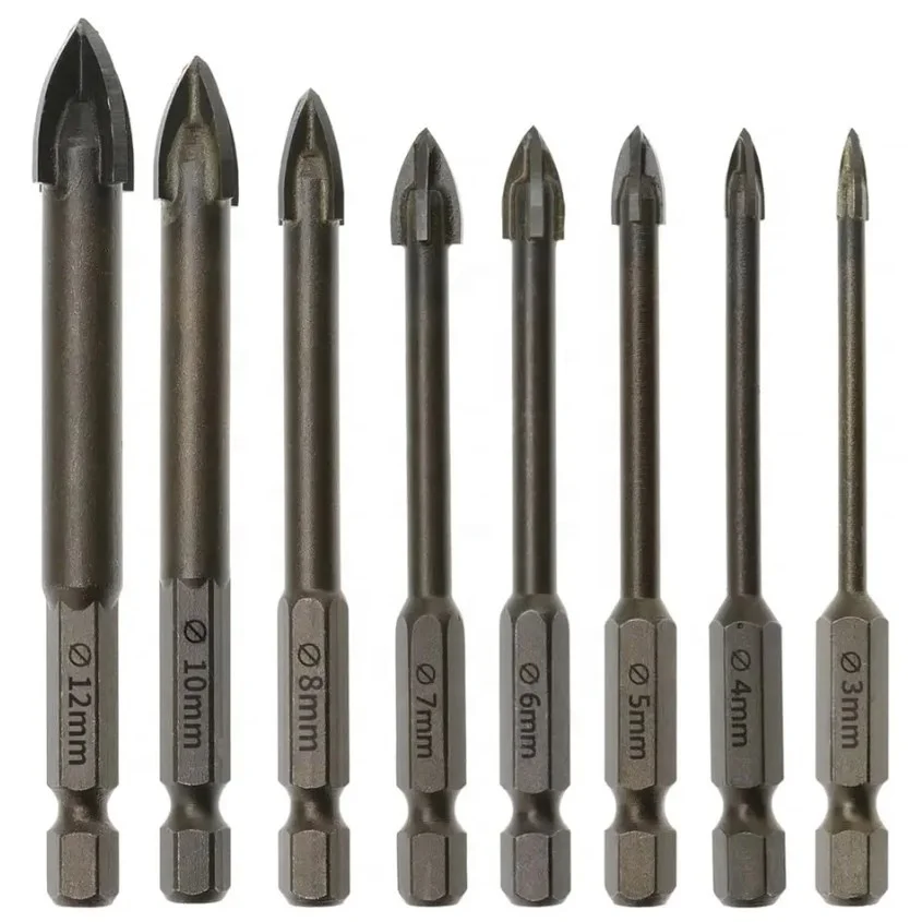 Hot Sale 4 Cutting Edges Cross Spear Head Masonry Drill Bit Carbide Tipped Tile Concrete Drill Bit Set