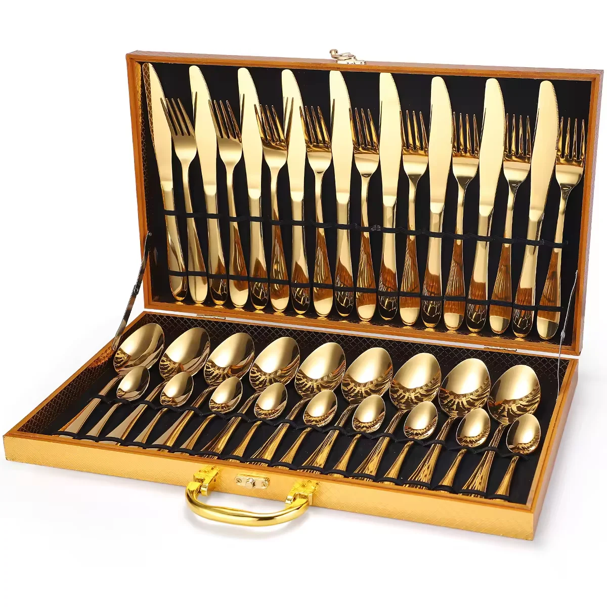 Wholesale 18/0 Stainless Steel Cutlery Silver Talheres Knife Fork Spoon Flatware Sets With Wooden Box