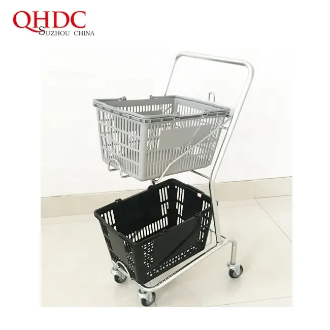 Supermarket Basket Trolley Two Tier Small Shopping Cart With Plastic Basket Shop Cart