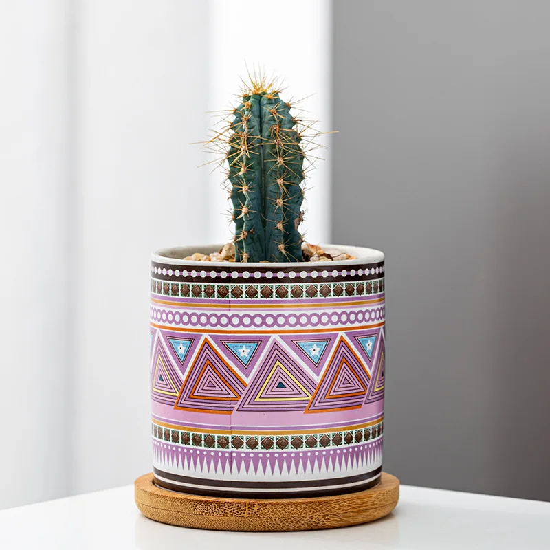 3/4/5/6 inch Ceramic Succulent Planter Pot - Cylinder Flower Pots  with Drainage Hole and Bamboo Tray