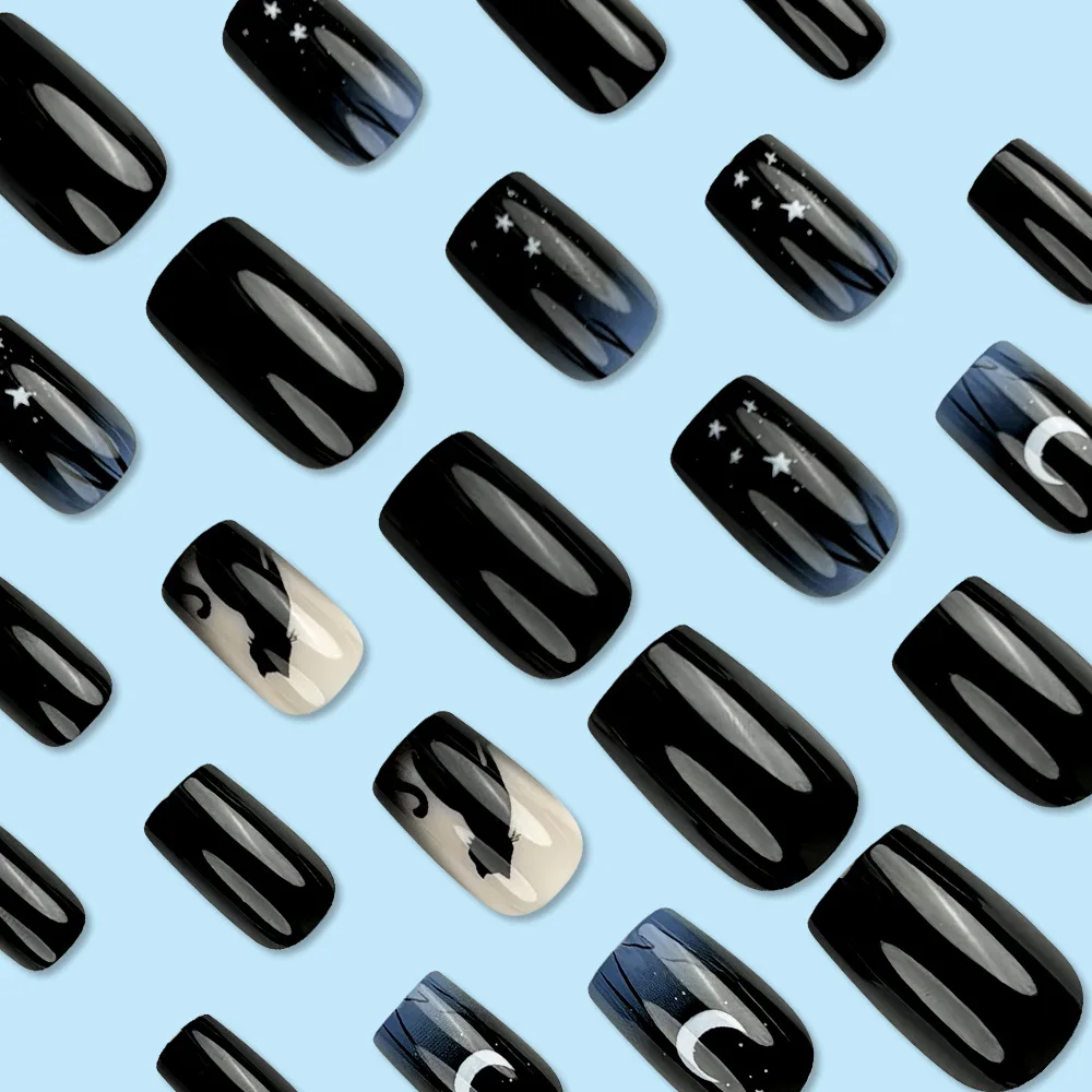 Hot-Selling Ins Style Cartoon Black Cat Nail Art Patch Dark Night Blue Starry Sky Gradient Nail Charm Armor Resin Paper Material