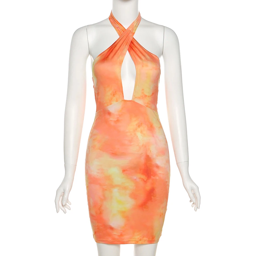 2022 Summer Tie Dyed Print Cross Halter  Bodycon Dress Party Clubwear Skinny Sleeveless Women Dresses