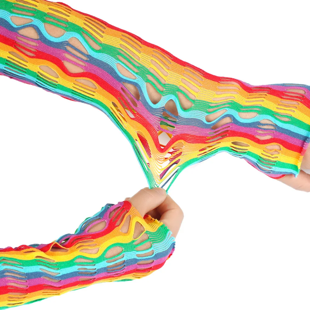 Lady Hollowed Fingerless Gloves Girl Carnival Halloween Party Long Fishnet Rainbow Gloves